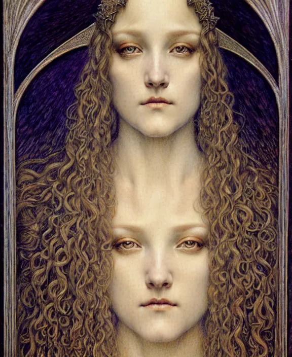 Image similar to detailed realistic beautiful young medieval queen face portrait by jean delville, gustave dore and marco mazzoni, art nouveau, symbolist, visionary, gothic, pre - raphaelite. horizontal symmetry