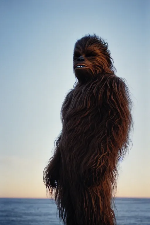 Image similar to photographic portrait of chewbacca suffering from male pattern baldness, cinematic photography, 35mm, evening light