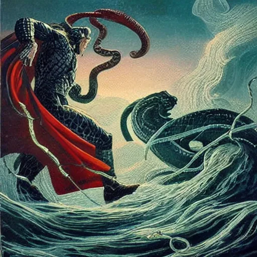 Image similar to Thor fighting Jormungandr the world serpent in the sea in night, neo-romanticism, norse mythology, very detailed