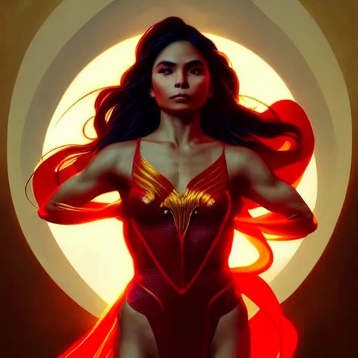 Image similar to lovi poe as darna, volumetric lights, red and cyan theme, art nouveau botanicals, intricate, highly detailed, digital painting, artstation, concept art, smooth, sharp focus, cinematic, illustration, beautiful face, art by artgerm and greg rutkowski and alphonse mucha