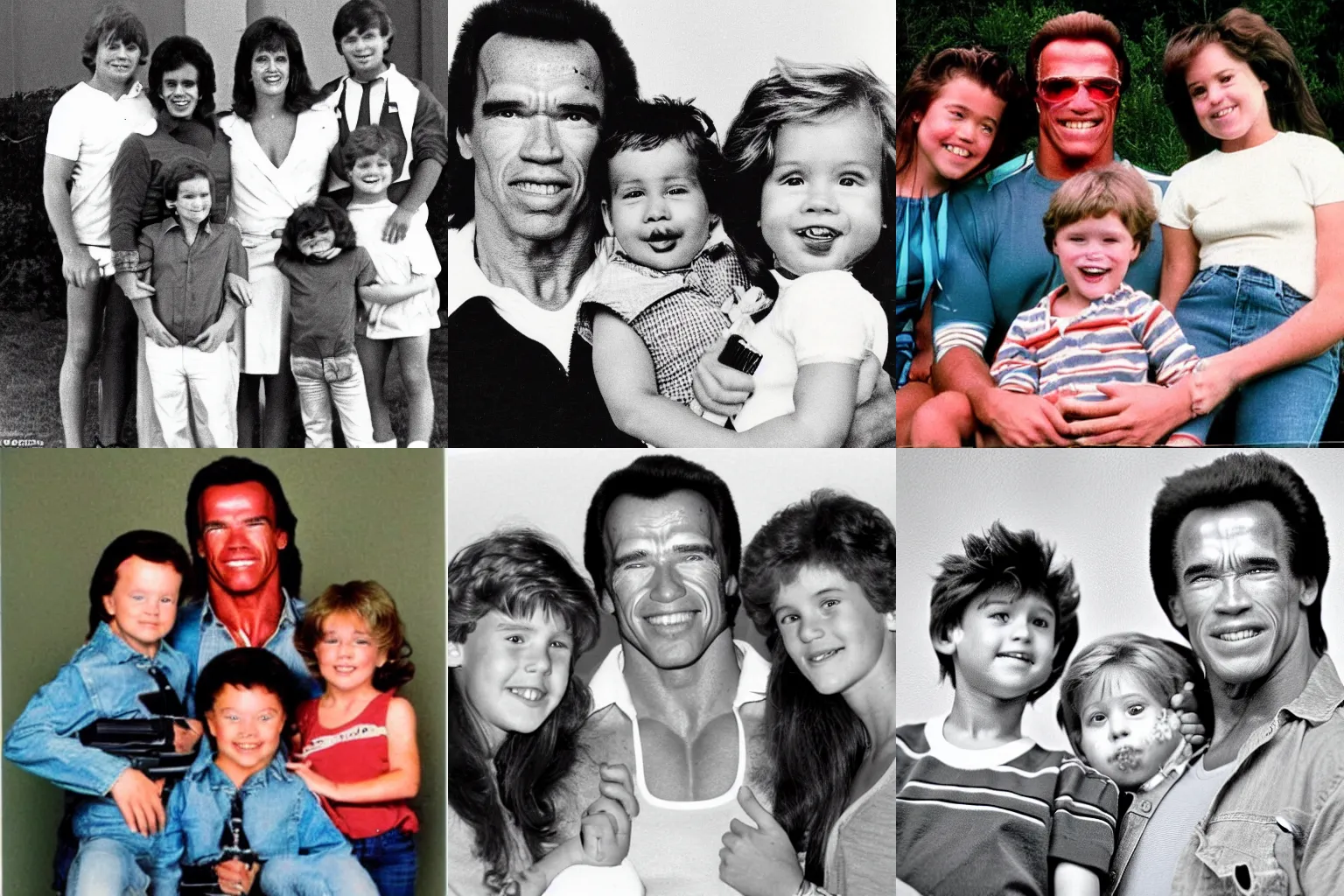 Prompt: 1980s family photo of three Arnold Schwarzenegger impersonators