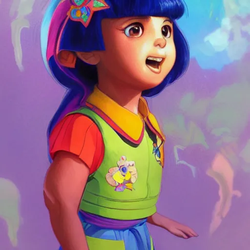 Prompt: Portrait of dora the explorer as rainbow brite, illustration, vibrant colour, fantasy, intricate, elegant, highly detailed, digital painting, artstation, concept art, smooth, sharp focus, illustration, art by Yintion J , Jiang Geping and artgerm and greg rutkowski and alphonse mucha.