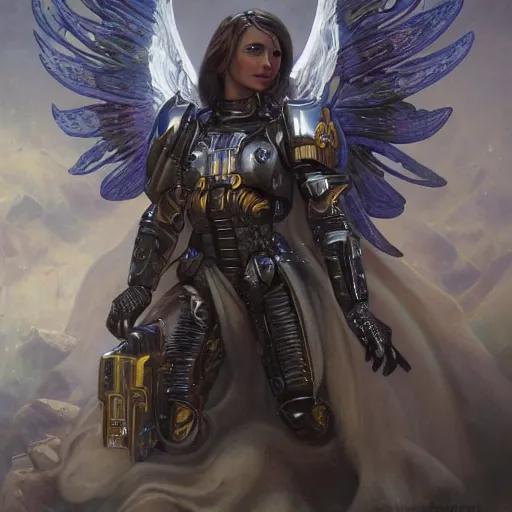 Image similar to scifi character portrait Painting of a futuristic archangel from, warhammer40k , dystopian mood, intricate, wild, highly detailed, digital painting, artstation, concept art, smooth, sharp focus, illustration, art by artgerm and greg rutkowski, and alphonse mucha