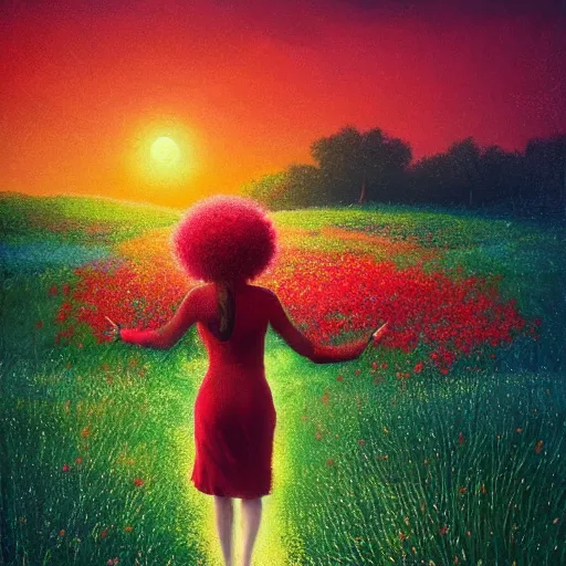 Image similar to red flower afro, full body, girl walking in the middle of a field with flowers, surreal photography, hills, sunrise dramatic light, impressionist painting, colorful clouds, digital painting, pointillism, artstation, simon stalenhag