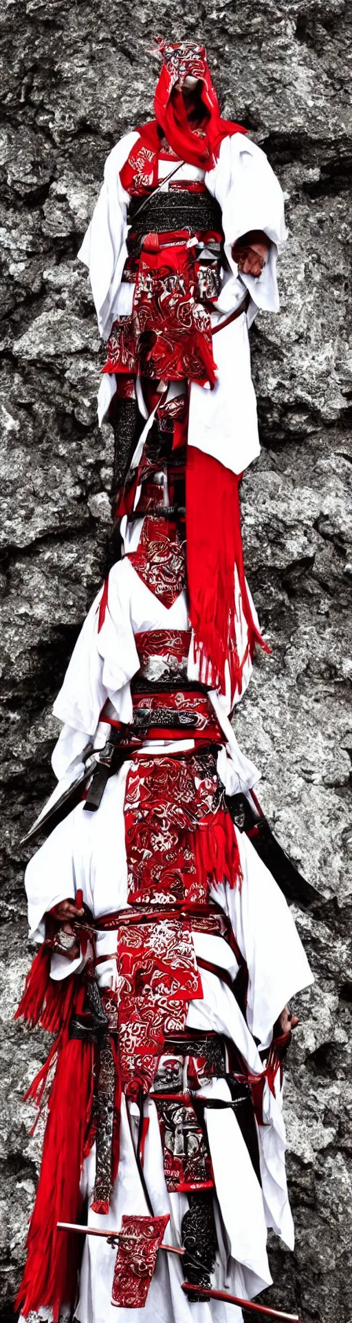 Image similar to samurai cloaked in white with swords, standing in light beam of a dark cave, ruby red sorrow, high quality, ultra detail,