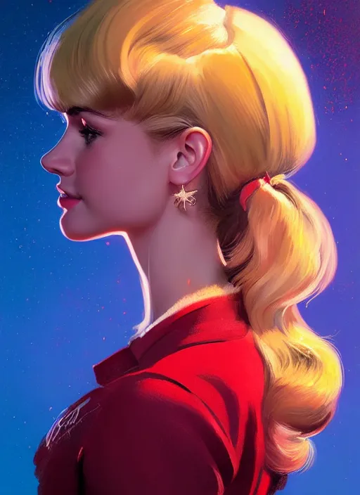 Image similar to portrait of betty cooper with fluffy bangs, bangs, 1 9 6 0 s, ponytail, curly bangs and ponytail, rounder face, intricate, elegant, glowing lights, highly detailed, digital painting, artstation, concept art, smooth, sharp focus, illustration, art by wlop, mars ravelo and greg rutkowski