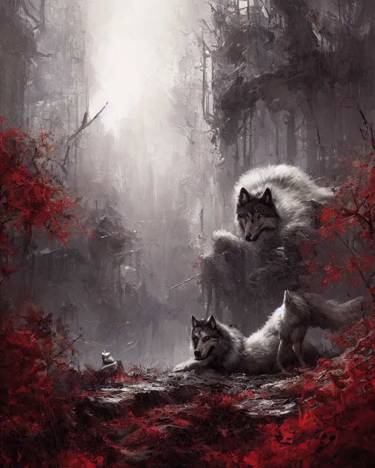 Image similar to a lone wolf stares at us in a nightmare landscape, autumn, white fur, sad, emotive, dramatic lighting, high detail, cinematic, beautiful painting by artgerm and wadim kashin and android jones and greg rutkowski