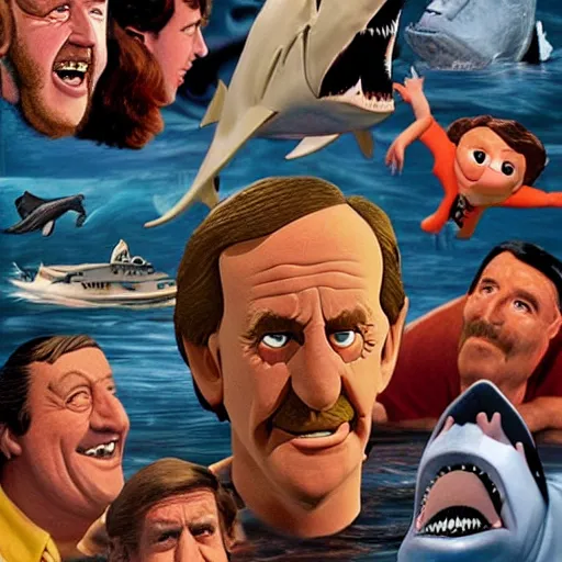 Prompt: jaws poster in the style of celebrity deathmatch, claymation, clay, vivid color, depth of field, Spielberg