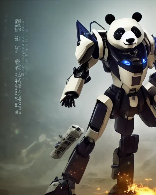 Prompt: futuristic panda mecha, azure details, panda armor, 8 k hd resolution, barbatos gundam, bandai box art, zoids, makoto kobayashi, frank gehry, raymond swanland, unreal engine 5, octane render, cgi,