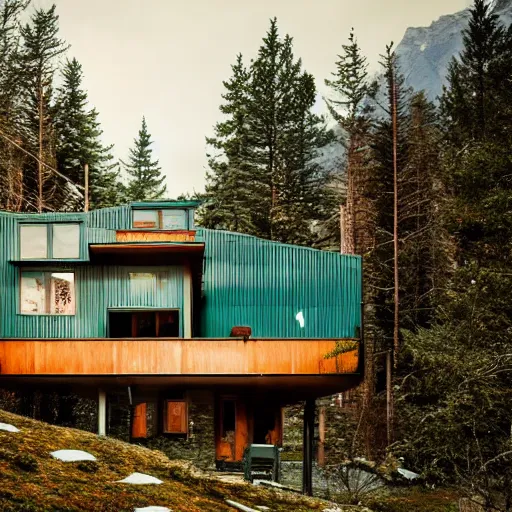 Prompt: wes anderson style modern futuristic cosy house near the lake, snowy mountains and green forest, cinematic, realism, photo, detailed