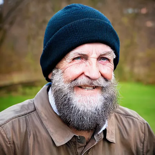 Prompt: portrait of a friendly old man, with a beard and a beanie