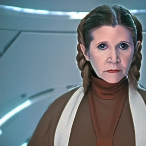 Image similar to a full color still of Carrie Fisher as Leia Organa as a regal Senator in the Galactic Senate talking to an alien, cinematic lighting, 1999, directed by Steven Spielberg, 35mm