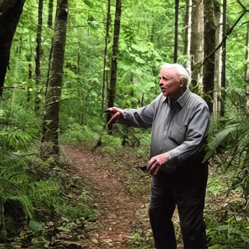Image similar to Sir David Attenborough in the woods discovering Bigfoot Sasquatch
