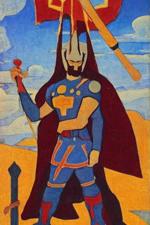 Image similar to thor with hammer, marvel, artwork by nicholas roerich,