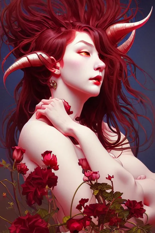 Prompt: beautiful devil, highly detailed, digital painting, artstation, sharp focus, illustration, art by tan zi and ayanamikodon and alphonse mucha and wlop