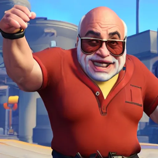 Prompt: in-game screenshot of Danny Devito in Overwatch (2016)