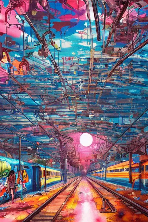 Image similar to trains covered in dripping colorful graffiti paint, painterly, james jean, yoshitaka amano, hiroshi yoshida, moebius, loish, artgerm, painterly, symmetrical, ultra detailed, hyper realistic, illustration, sunset lighting