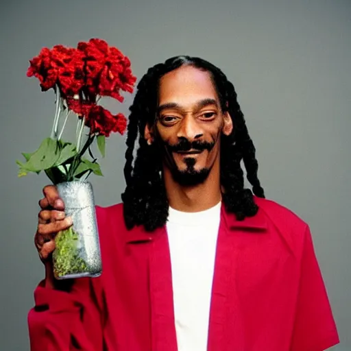 Prompt: Snoop Dogg grinning while holding a Vase of flowers for a 1990s sitcom tv show, Studio Photograph, portrait, evil grin C 12.0