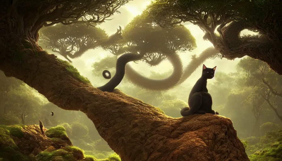 Prompt: very very small cat, sitting on a gigantic dragon tree in moonlit socotra island by ilya kuvshinov, rtx rendering, octane render 1 2 8 k, maya, extreme high intricate details by tom bagshaw, medium shot, close up shot, composition by sana takeda, lighting by greg rutkowski