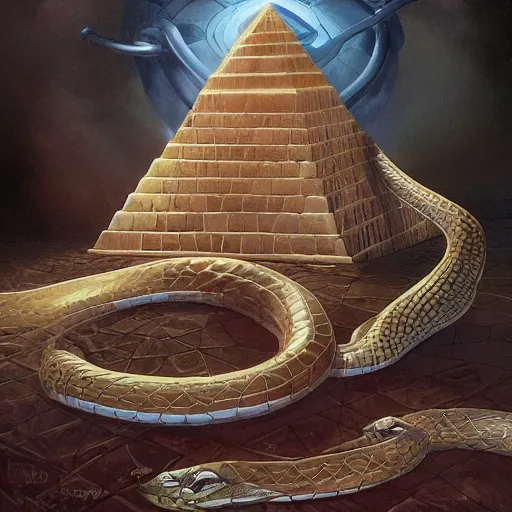 Prompt: pyramid with snake wrapped around it by artgerm and Craig Mullins, James Jean, Andrey Ryabovichev, Mark Simonetti and Peter Morbacher 16k