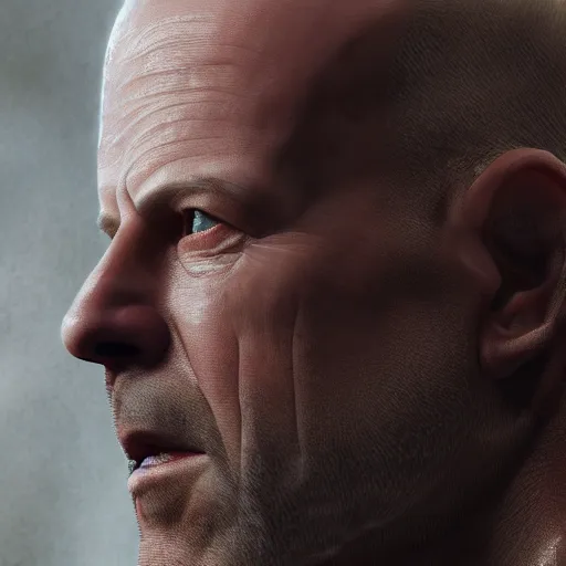 Image similar to Bruce Willis as blacksmith, wet face , heavy rain ,dramatic, intricate, highly detailed, concept art, smooth, sharp focus, illustration, Unreal Engine 5, 8K