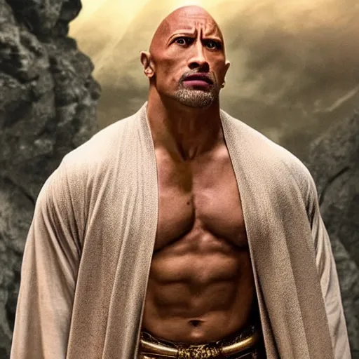 Image similar to dwayne johnson as harry potter character, wearing a wizard robe, full body shot, highly - detailed, sharp focus, award - winning