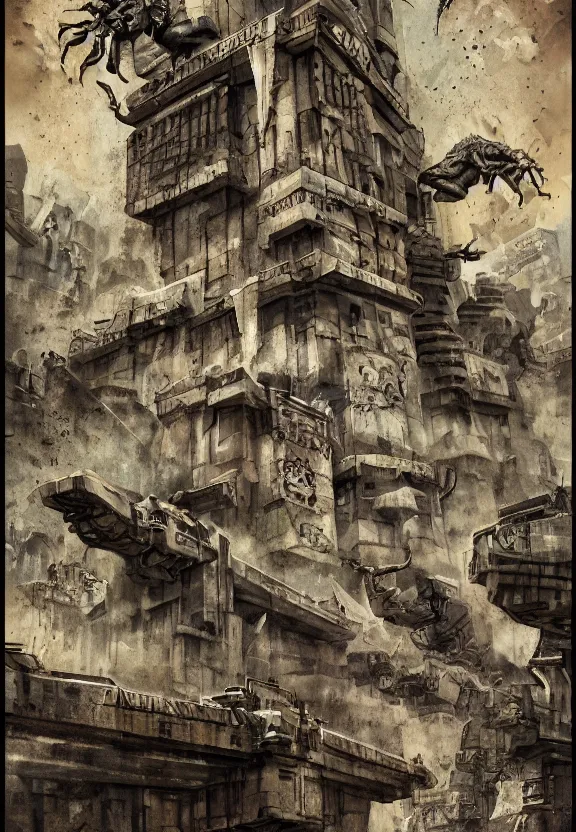 Image similar to [Brutalist bunker adorned with gargoyles and checkered flags. Propaganda poster!, intricate, elegant, highly detailed, digital painting, artstation, concept art, matte, sharp focus, illustration]