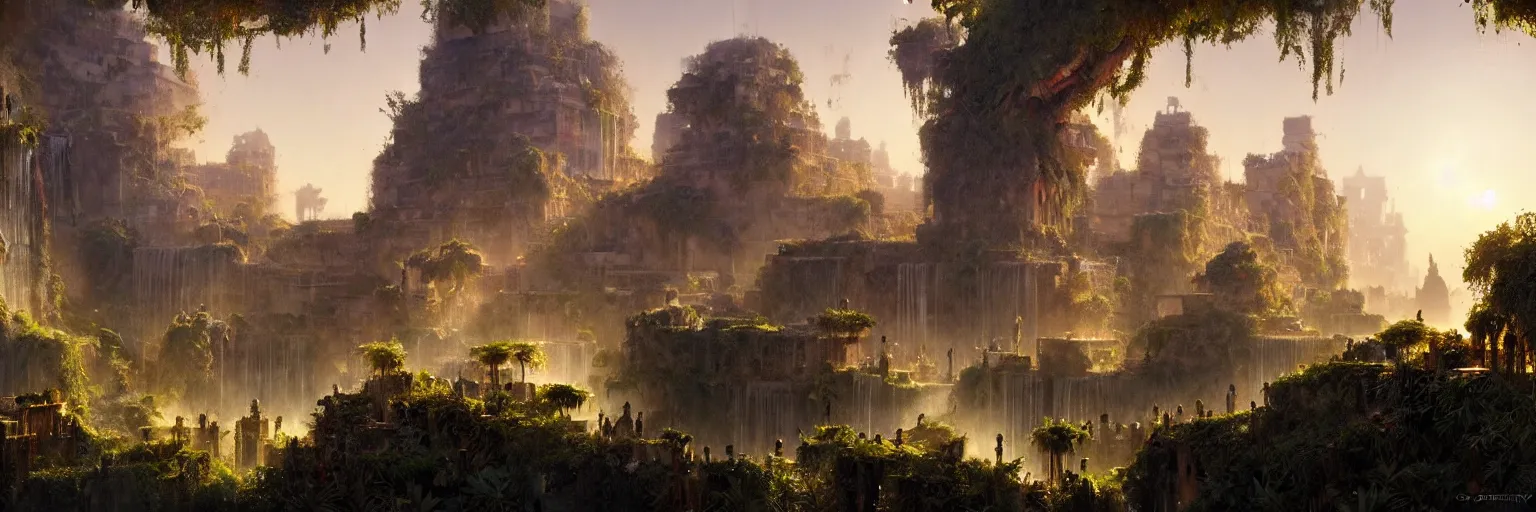 Prompt: a cinematic scene from the hanging gardens of babylon, concept art by james gurney and greg rutkowski, dramatic lighting, ultra hd, hdr, 8 k