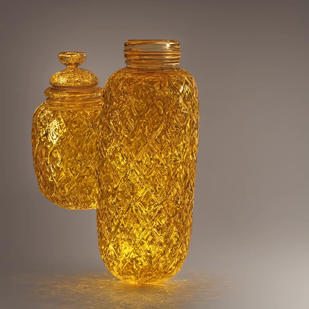 Prompt: elaborate geometric stepped honey jar, golden glistening, light bloom, octane render, product photography, studio photography, sharp high contrast