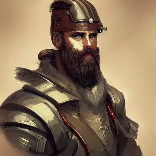 Prompt: portrait of a Germanic man with a beard and flight suit, D&D, sci-fi, elegant, hopeful, muscular, highly detailed, digital painting, artstation, concept art, smooth, sharp focus, illustration