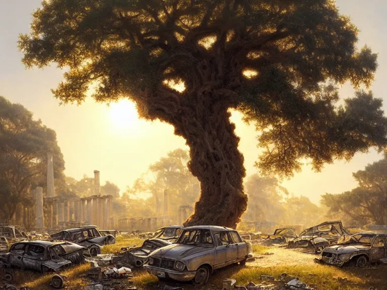 Prompt: oak tree growing in ancient greek ruins, many scrap cars, plastic waste, rubble, pillars, hyperrealistic, highly detailed, cinematic, single ray of golden sunlight, beautiful, cgssociety, artstation, 8 k, oil painting by greg rutkowski, by artgerm, by wlop