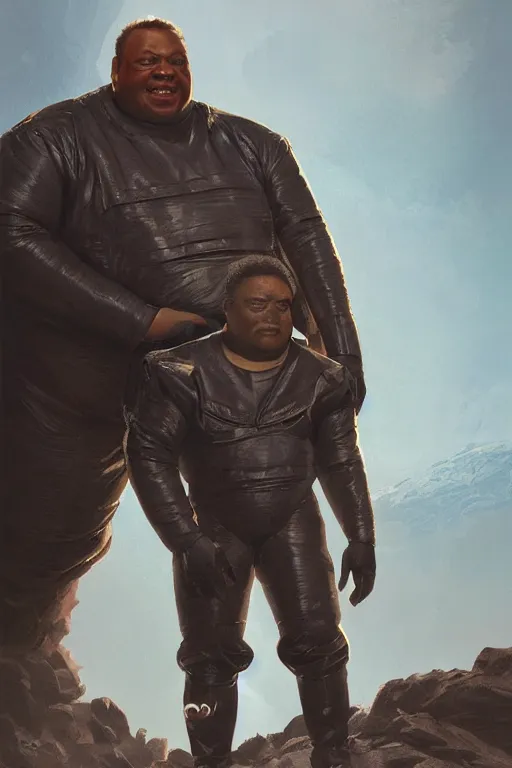 Image similar to portrait of a black man as baron harkonnen wearing leather spacesuit, standing on rocky outcrop, detailed, illustration by normal rockwell, artstation character art, adebanji alade, concept art, greg rutkowski