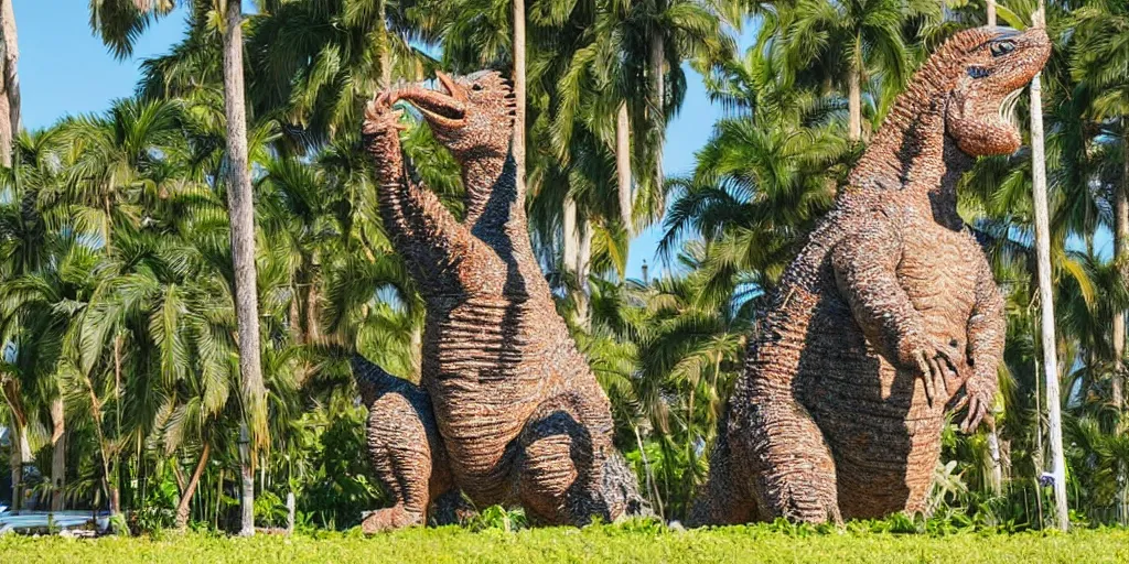 Prompt: photo of a very long neck godzilla nibbling on palm trees, silly, funny, weird and odd