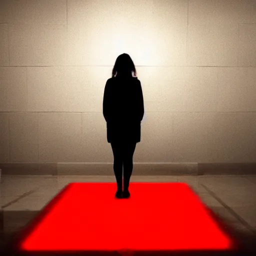 Prompt: she stands in the room, the red light from above outlines the perfect shape of her shadow on the floor below