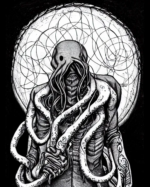 Image similar to cthulhu cultist in straitjacket!! black ink on paper, trending on artstation, beautiful, intricate, detailed