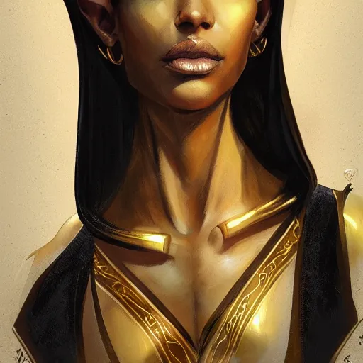 Prompt: Full-length portrait of a tall brown-skin elf woman wearing stylish black and gold robes, intricate, elegant, highly detailed, digital painting, smooth, sharp focus, artstation, graphic novel, art by stanley artgerm and greg rutkowski and peter mohrbacher,