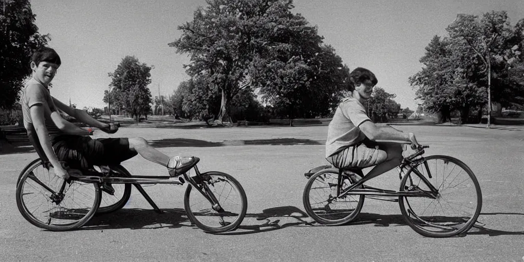 Prompt: a young man riding a recumbent bicycle under a clear blue sky, 7 0 s photograph, 4 k