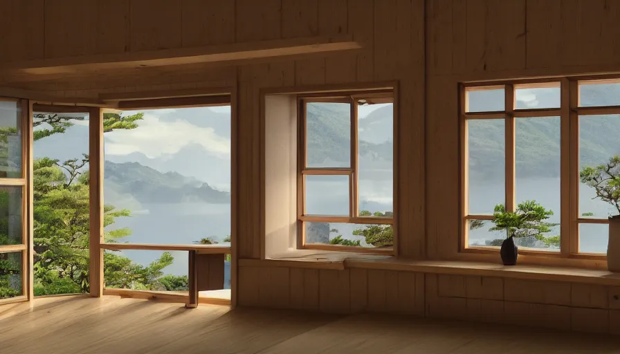 Image similar to interior of a japanese house built on the mountains, view, view on the lake, sunrise through the windows, forest, hyperdetailed, artstation, cgsociety, 8 k