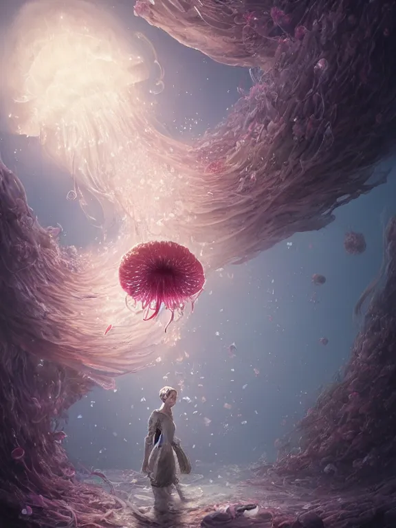 Image similar to a fancy portrait of a giant floating flower and jellyfish by Greg Rutkowski, Sung Choi, Mitchell Mohrhauser, Maciej Kuciara, Johnson Ting, Maxim Verehin, Peter Konig, Bloodborne, beeple, 8k photorealistic, cinematic lighting, HD, high details, atmospheric , trending on artstation. made in Maya, Blender and Photoshop, octane render, excellent composition, cinematic dystopian brutalist atmosphere, dynamic dramatic cinematic lighting, aesthetic, very inspirational, arthouse. y Greg Rutkowski, Ilya Kuvshinov, WLOP, Stanley Artgerm Lau, Ruan Jia and Fenghua Zhong