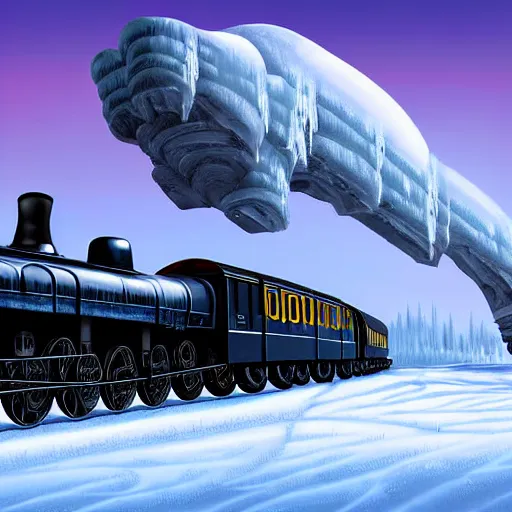 Image similar to a futuristic black steam train and a giant mammoth, post - apocalyptic ice landscape with heavy snow, digital art