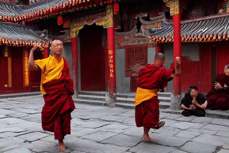 Prompt: VFX movie of a Tibetan monk dancing with fire in a Chinese courtyard by Emmanuel Lubezki