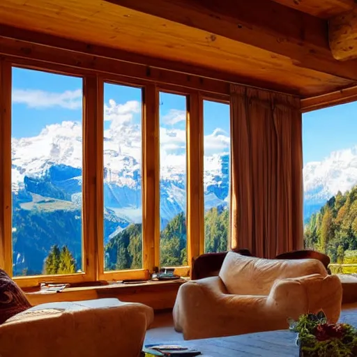 Prompt: a beautiful swiss home the mountains set the view inside of a living room the olivia room have a lot of windows the windows have a view of the beautiful mountains of switzerland it a sunny day professional photograph