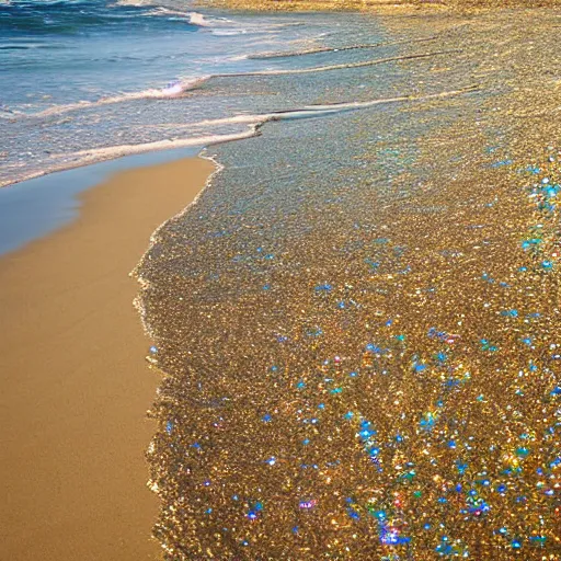 Prompt: diamond encrusted sandy coastline, iridescent