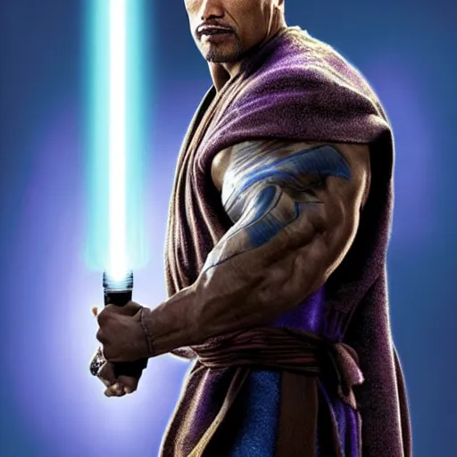 Prompt: dwayne johnson holding a purple lightsaber wearing brown jedi robes, concept art, ultra realistic