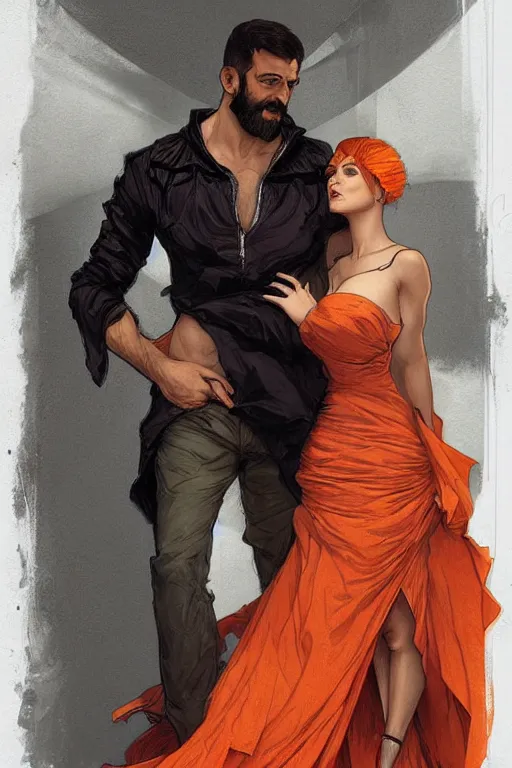 Prompt: bearded young man wearing orange t - shirt and tinfoil hat fastens zipper on beautiful black dress of his spouse before going to exquisite gala art by artgerm and greg rutkowski and charlie bowater and magali villeneuve and alphonse mucha