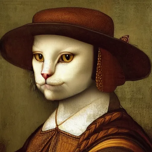 Prompt: a portrait of a cat wear a hat, by Da vinci