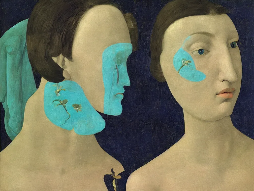 Image similar to portrait of a woman head with open mouth, with close up iris flower. turquoise, gold. painting by piero della francesca, balthus, agnes pelton