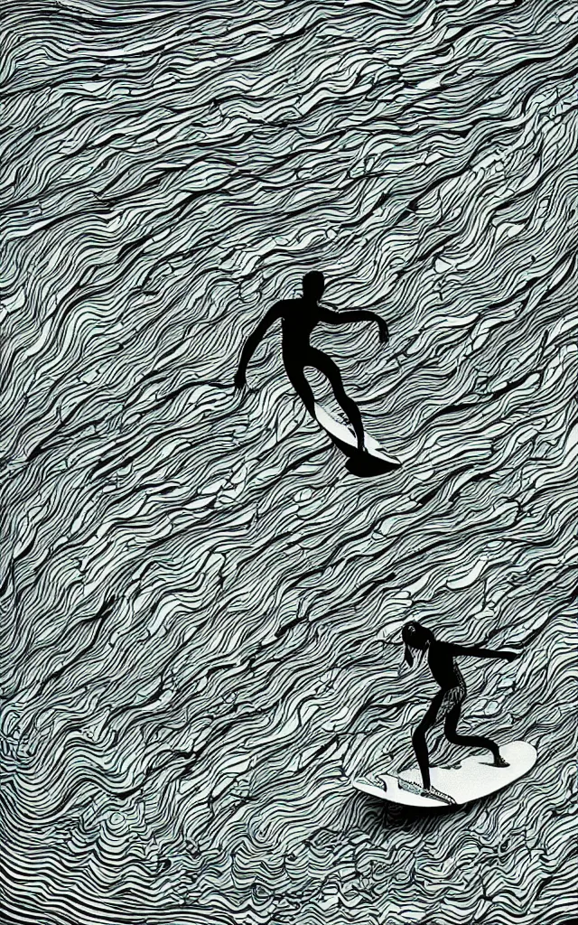 Prompt: a surfer, in the style of maurits cornelis escher, by maurits cornelis escher, graphic novel, painting, fine art, paint, acrylic paint, oil paint, cinematic, dramatic, cinematic lighting, studio lighting, beautiful lighting