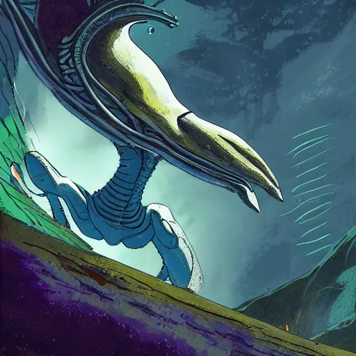 Image similar to concept art painting of alien creatures, detailed, cel shaded, in the style of makoto shinkai and moebius and james gurney