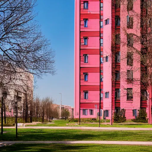 Prompt: Photograph of a generic soviet communist residential block, sunny weather, color of the sky is vibrant pink